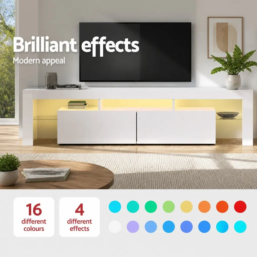 LED TV Unit White 189cm RGB Lighting Storage Drawers Glass Shelf