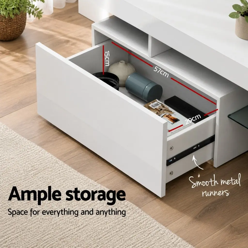 LED TV Unit White 189cm RGB Lighting Storage Drawers Glass Shelf