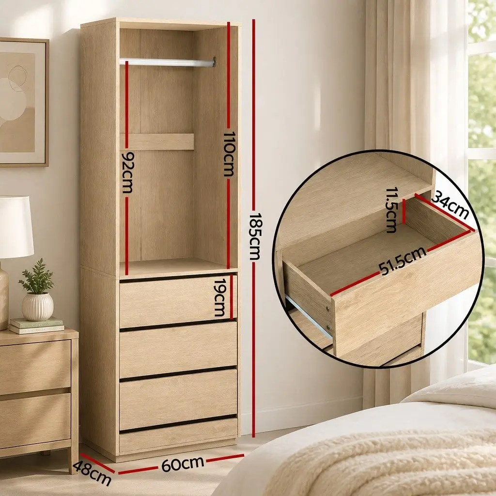 Wardrobe Clothes Closet Storage Organizer with 3 Drawers Metal Hanging Rail Pine