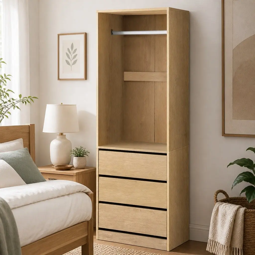 Wardrobe Clothes Closet Storage Organizer with 3 Drawers Metal Hanging Rail Pine