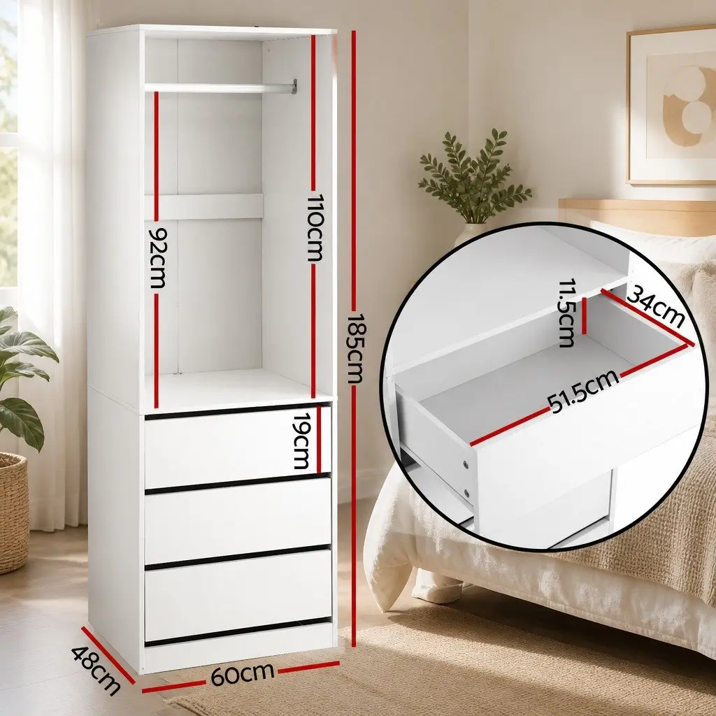 Wardrobe Storage Organizer White 3 Drawers Metal Hanging Rod