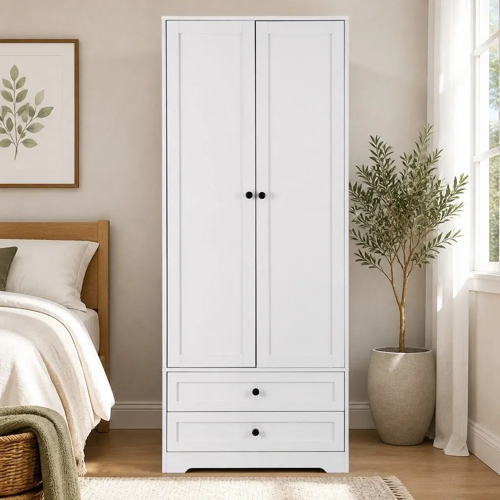 Wardrobe Clothes Closet Storage Organizer with 2 Doors 2 Drawers White