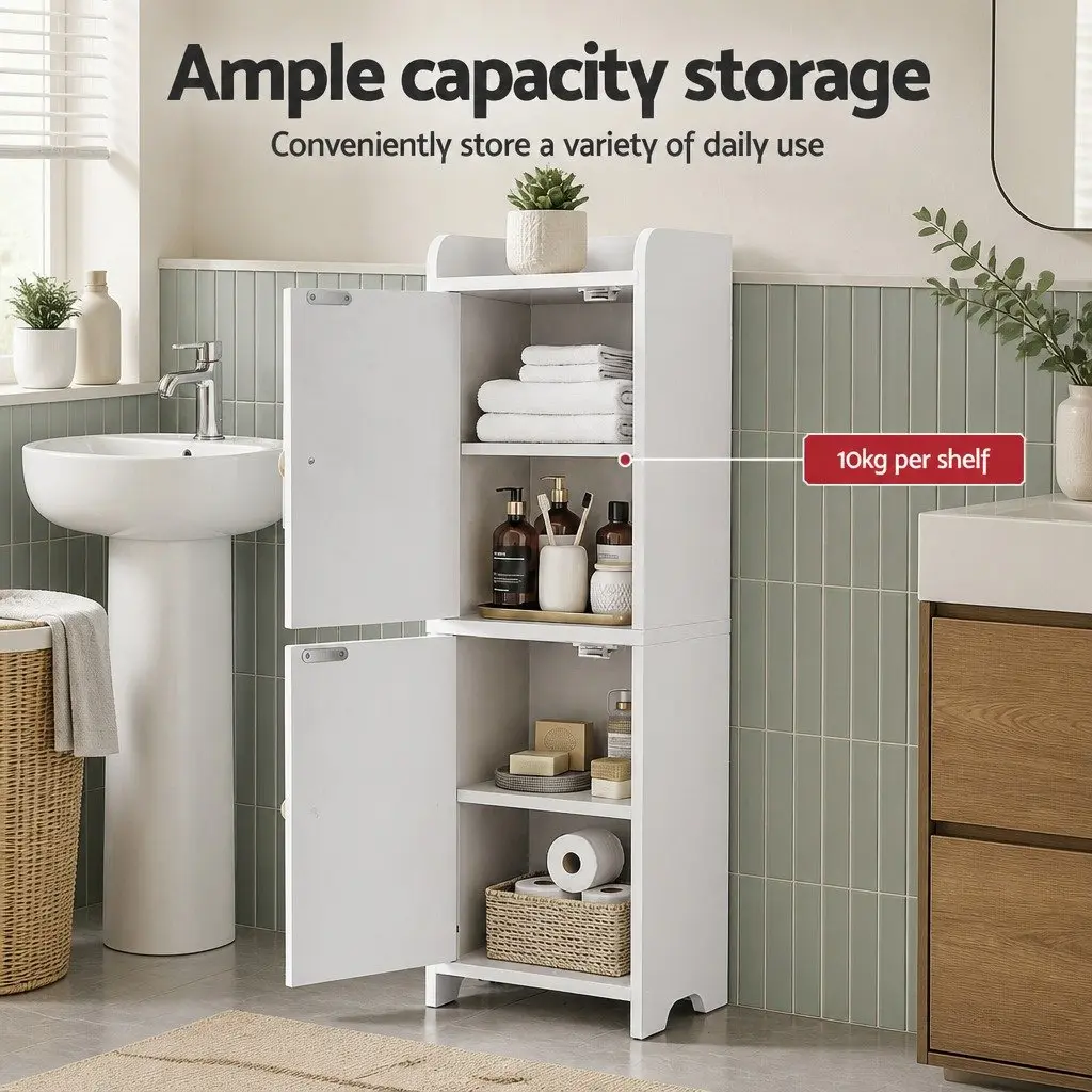 Bathroom Storage Cabinet 2-Tier Slim Toilet Organizer White Adjustable Shelves