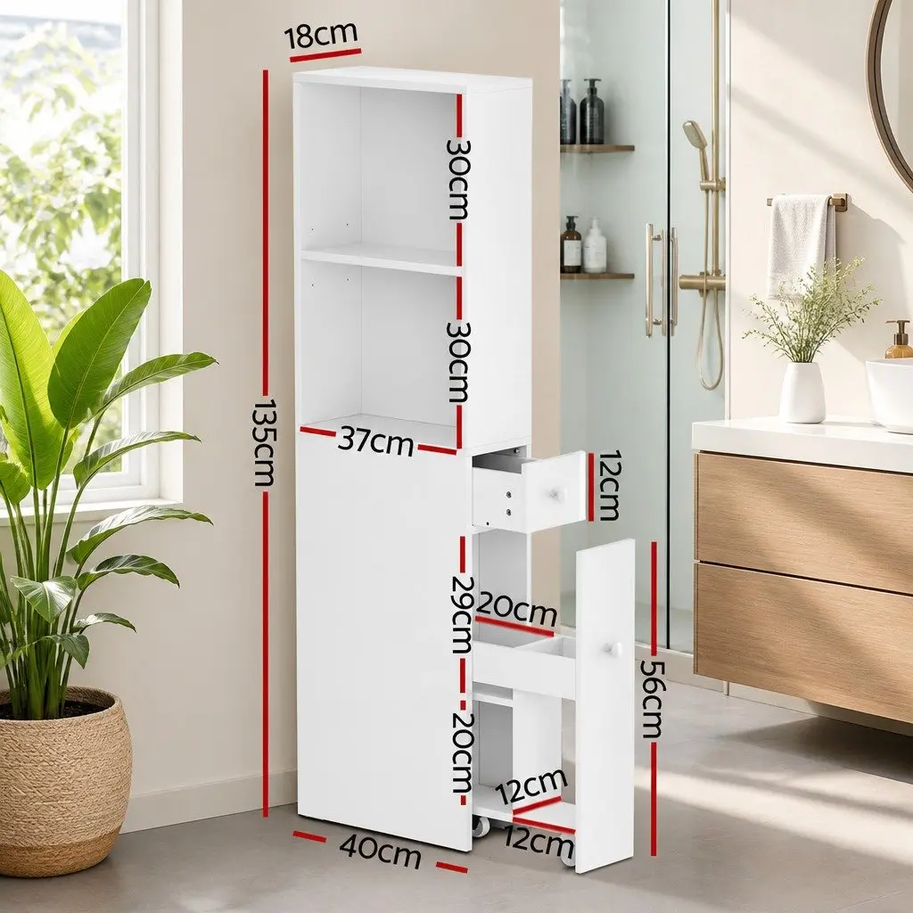Bathroom Storage Cabinet White 135cm Tall Slim Organiser Drawer Corner Cupboard