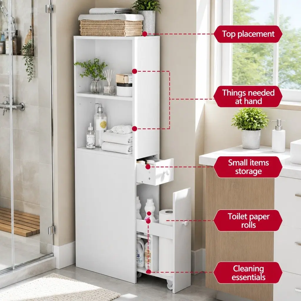 Bathroom Storage Cabinet White 135cm Tall Slim Organiser Drawer Corner Cupboard