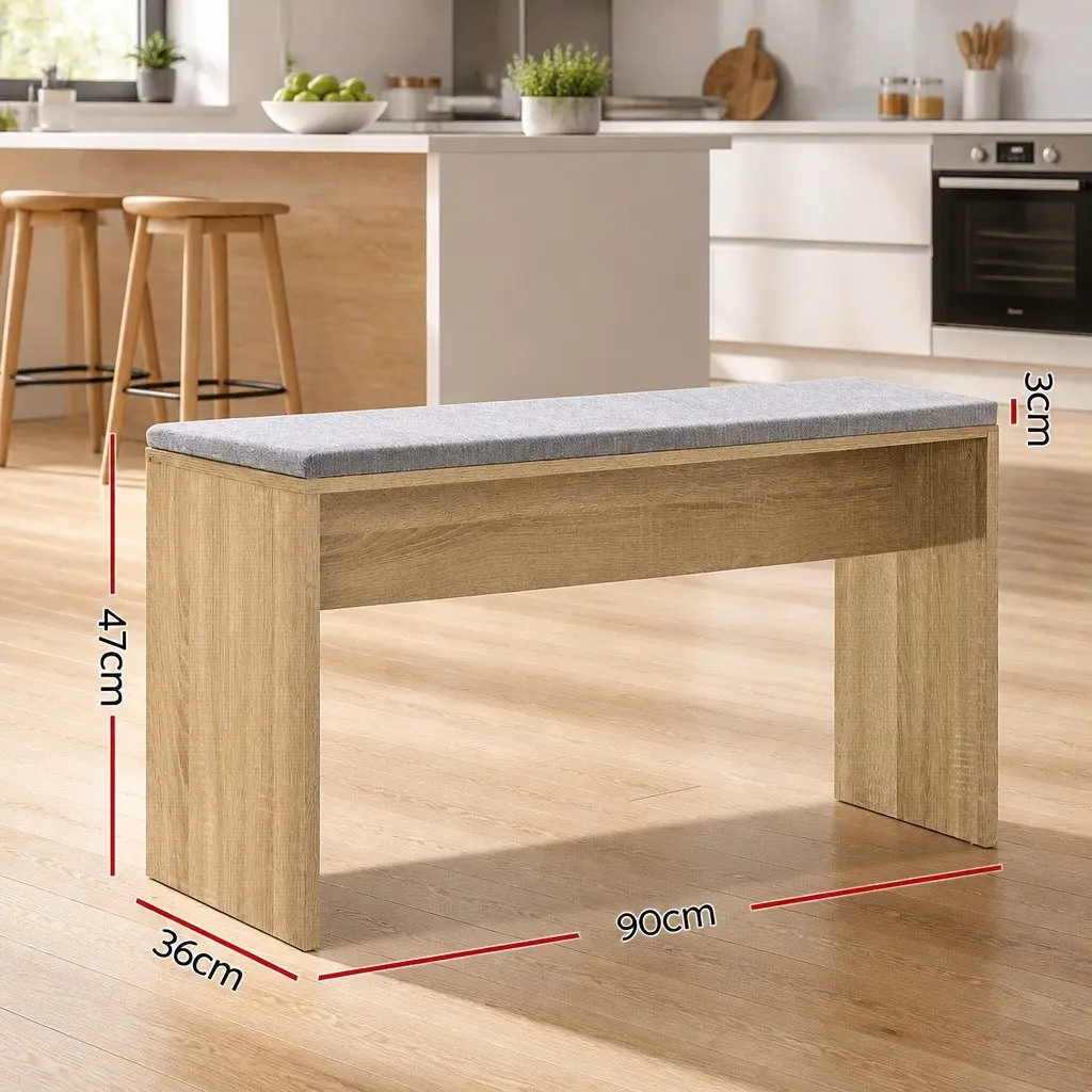 Dining Bench Upholstered Seat Wooden Kitchen Chair Oak 90cm Natural Wood Grain
