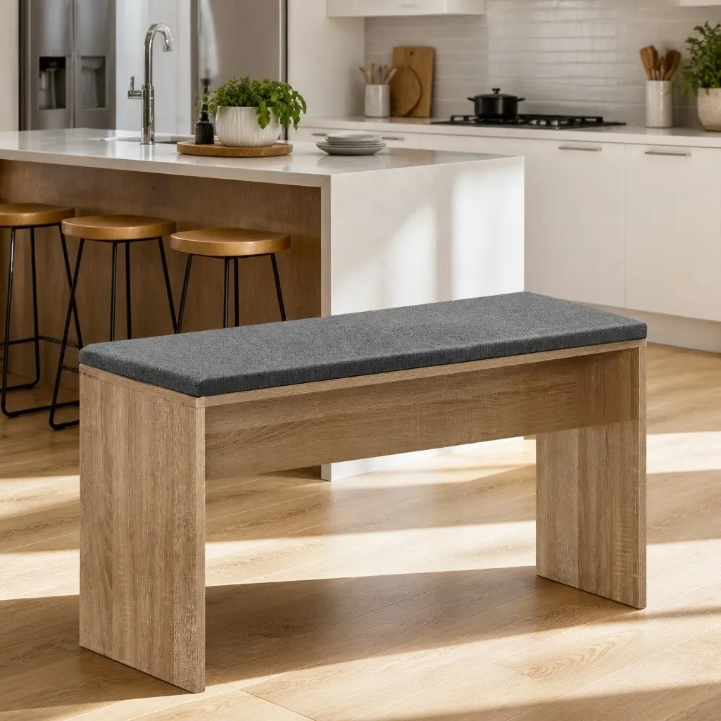 Dining Bench Upholstered Seat Wooden Kitchen Chair Oak 90cm Natural Wood Grain