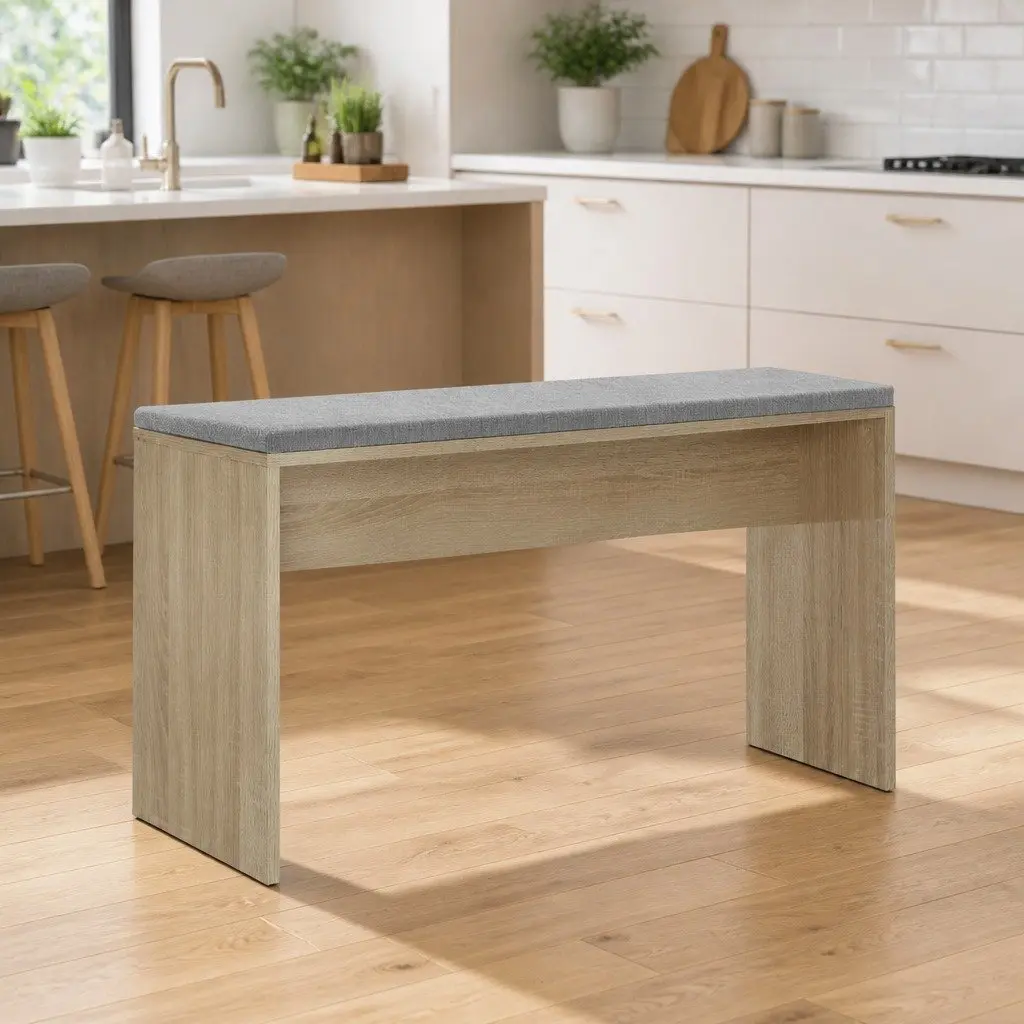 Dining Bench Upholstered Seat Wooden Kitchen Chair Oak 90cm Natural Wood Grain