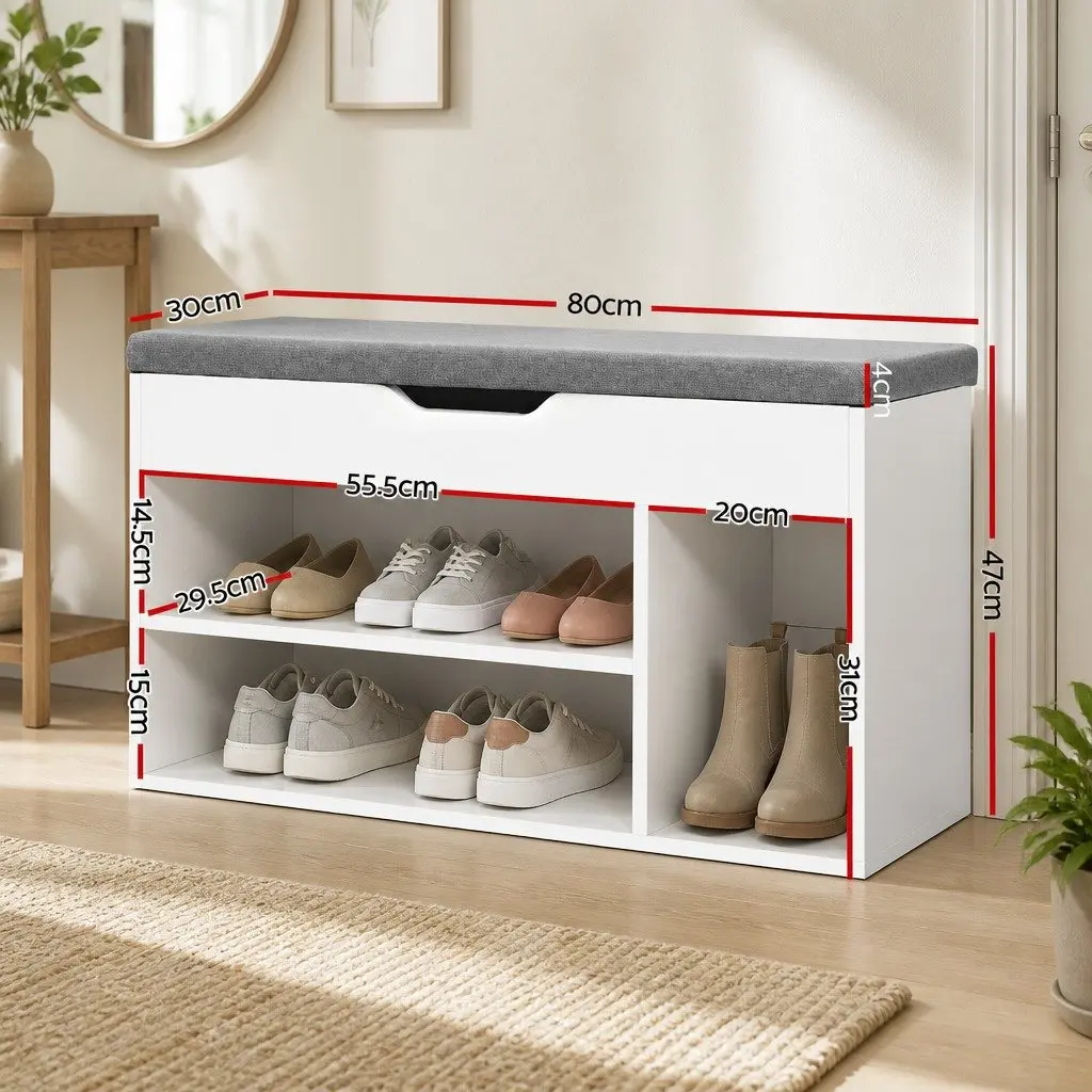 Shoe Storage Bench White 80cm Cushioned Seat with Open Shelves and Closed Compartment