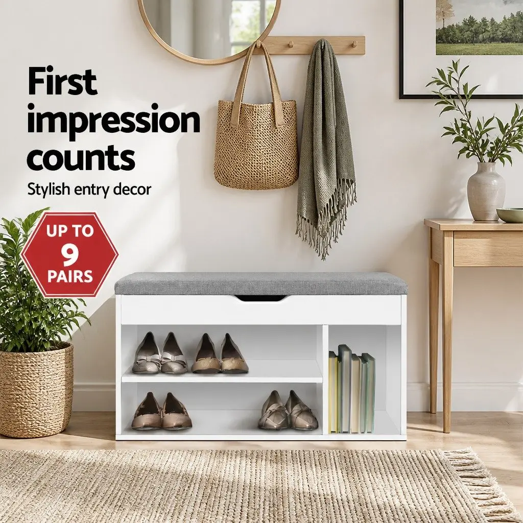 Shoe Storage Bench White 80cm Cushioned Seat with Open Shelves and Closed Compartment