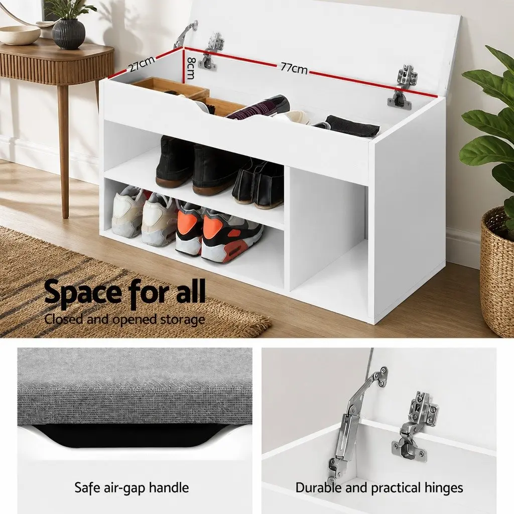 Shoe Storage Bench White 80cm Cushioned Seat with Open Shelves and Closed Compartment