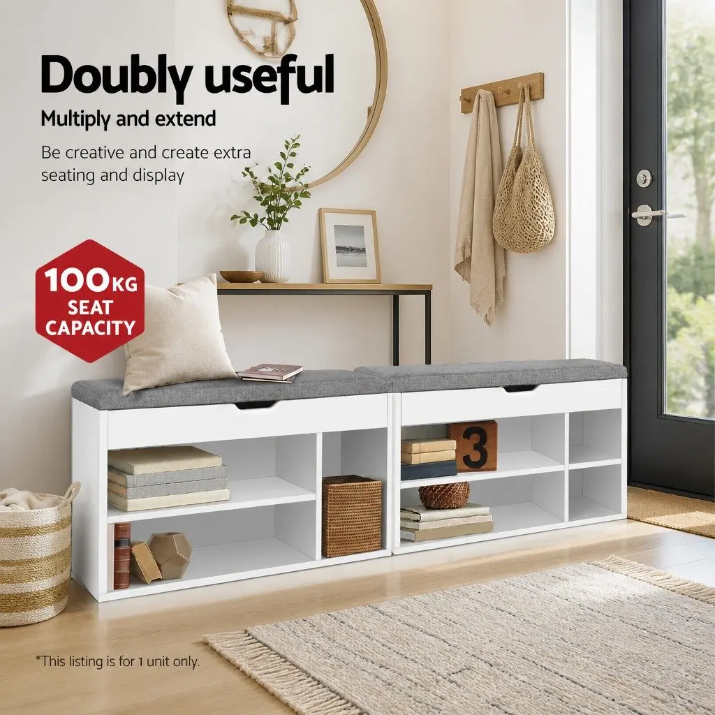 Shoe Storage Bench White 80cm Cushioned Seat with Open Shelves and Closed Compartment