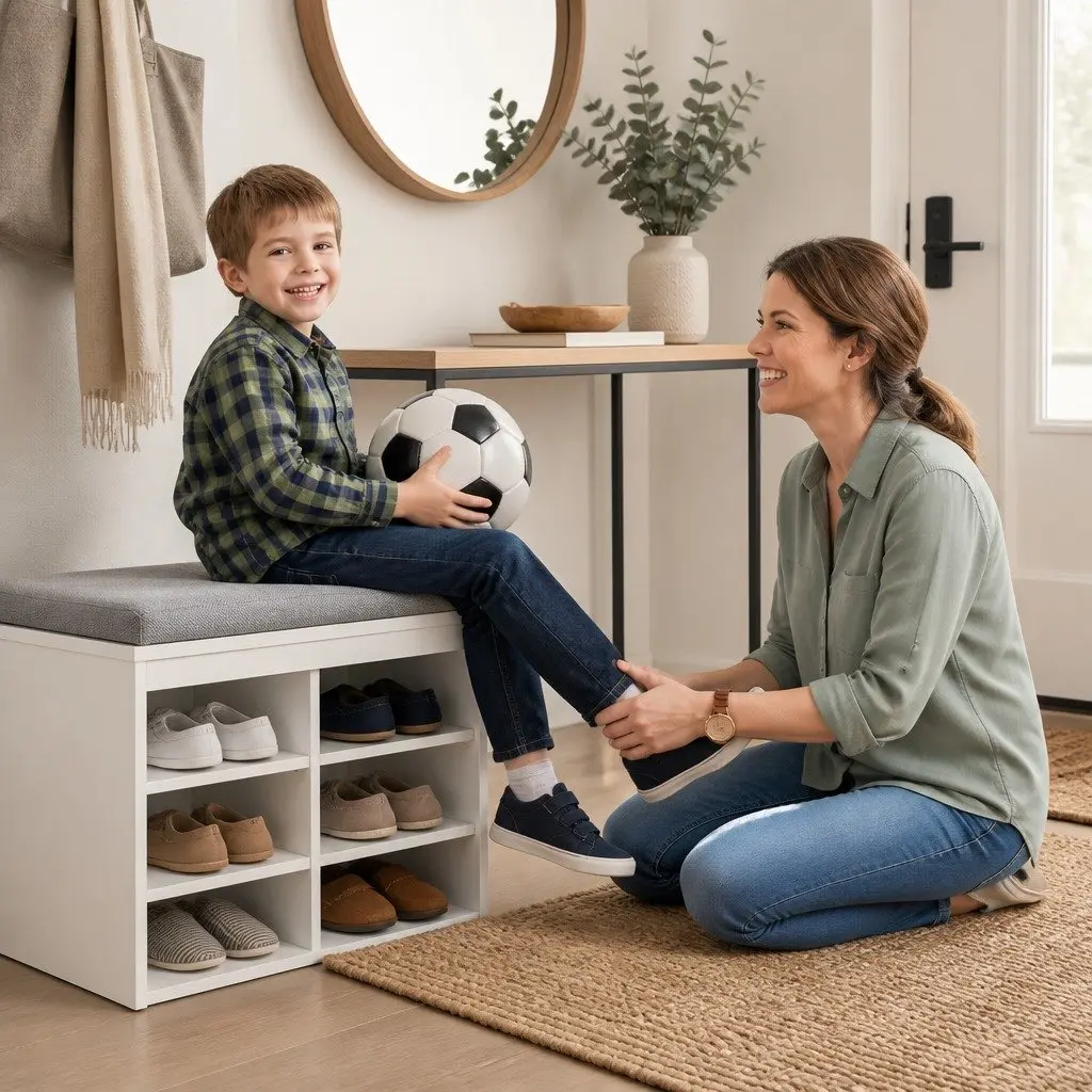 Shoe Storage Bench White 80cm Cushioned Seat with Open Shelves and Closed Compartment