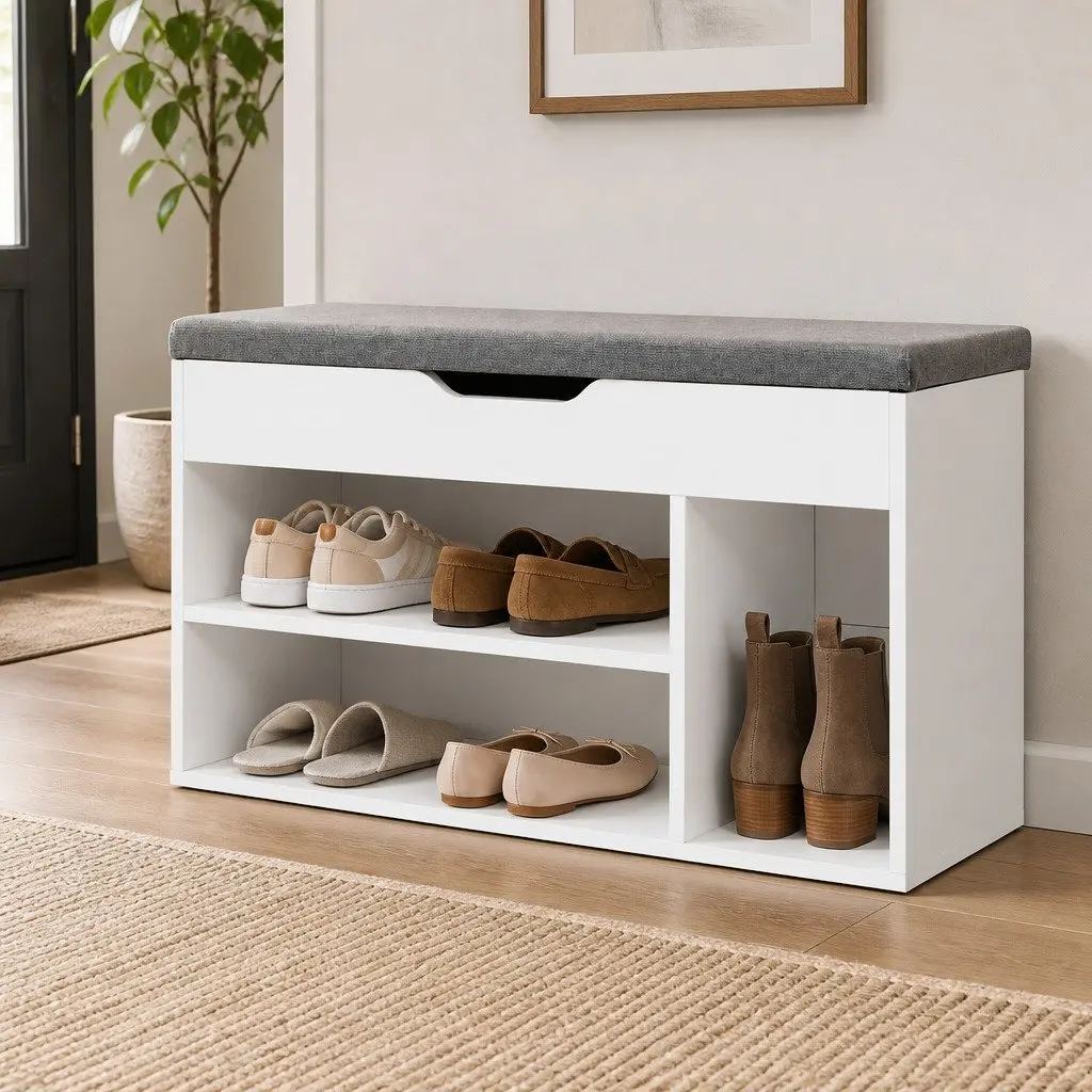 Shoe Storage Bench White 80cm Cushioned Seat with Open Shelves and Closed Compartment
