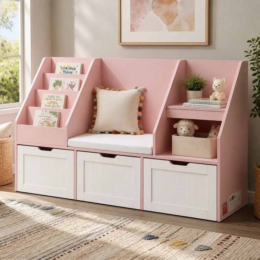 Kids Bookshelf Storage Organizer Bench Seat Toy Box Cabinet Drawer Pink 140cm