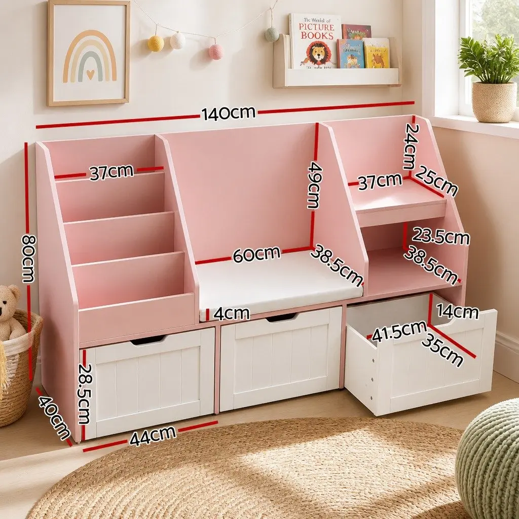 Kids Bookshelf Storage Organizer Bench Seat Toy Box Cabinet Drawer Pink 140cm