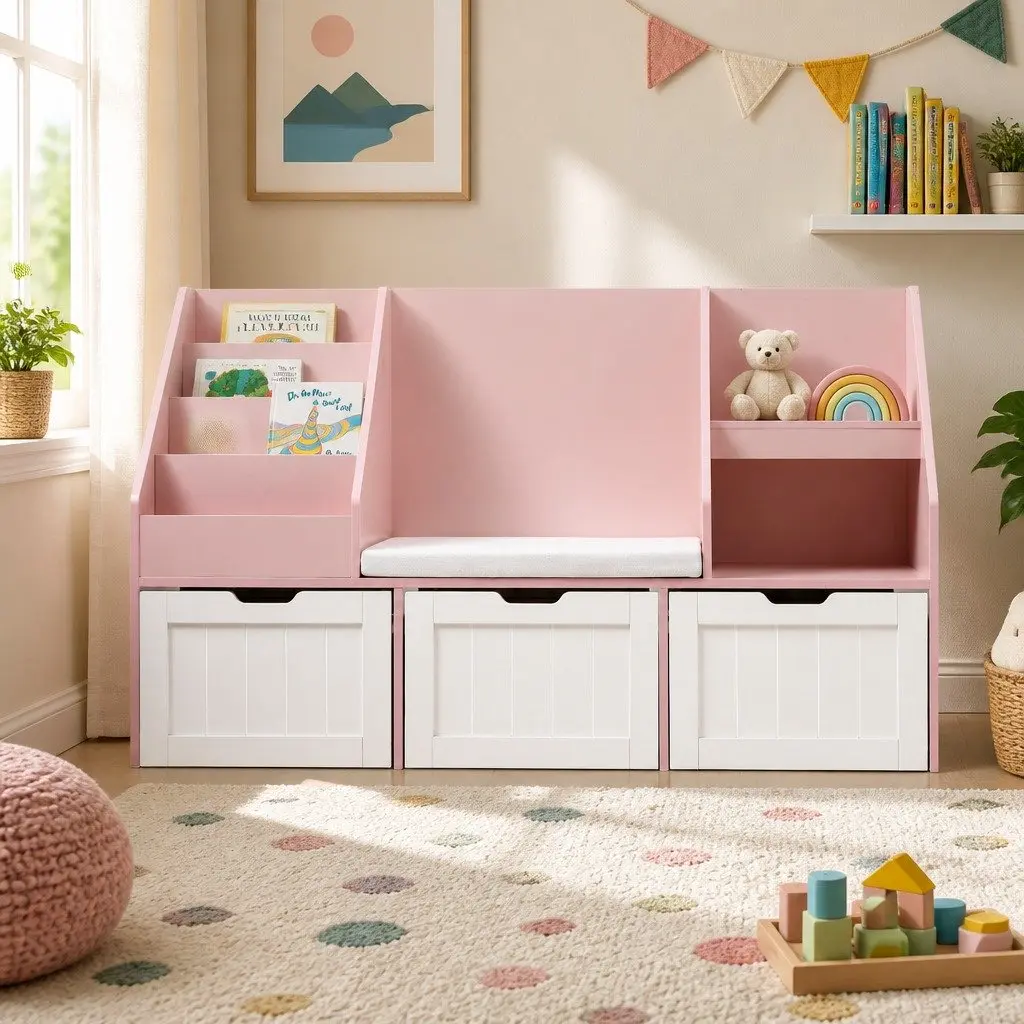Kids Bookshelf Storage Organizer Bench Seat Toy Box Cabinet Drawer Pink 140cm
