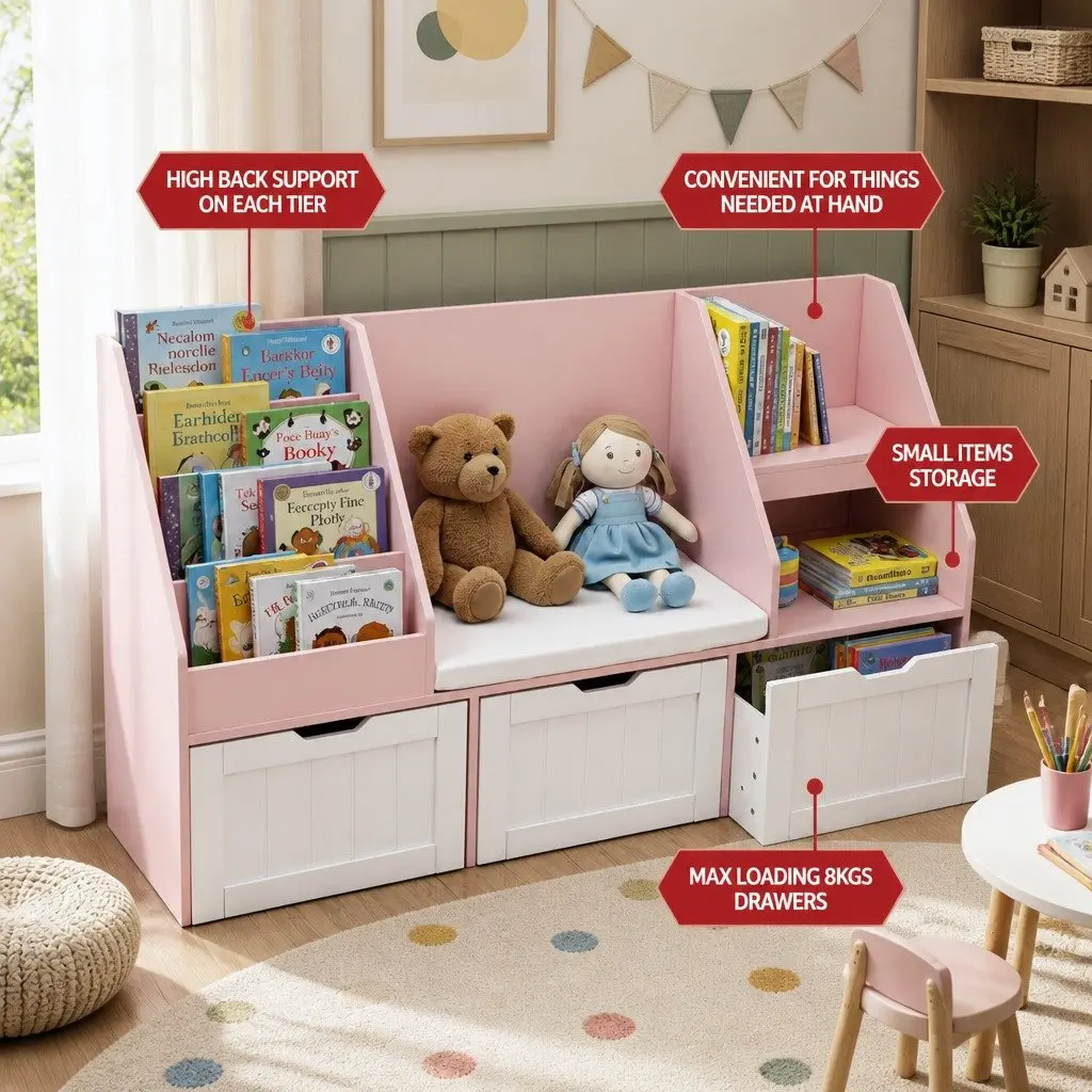 Kids Bookshelf Storage Organizer Bench Seat Toy Box Cabinet Drawer Pink 140cm
