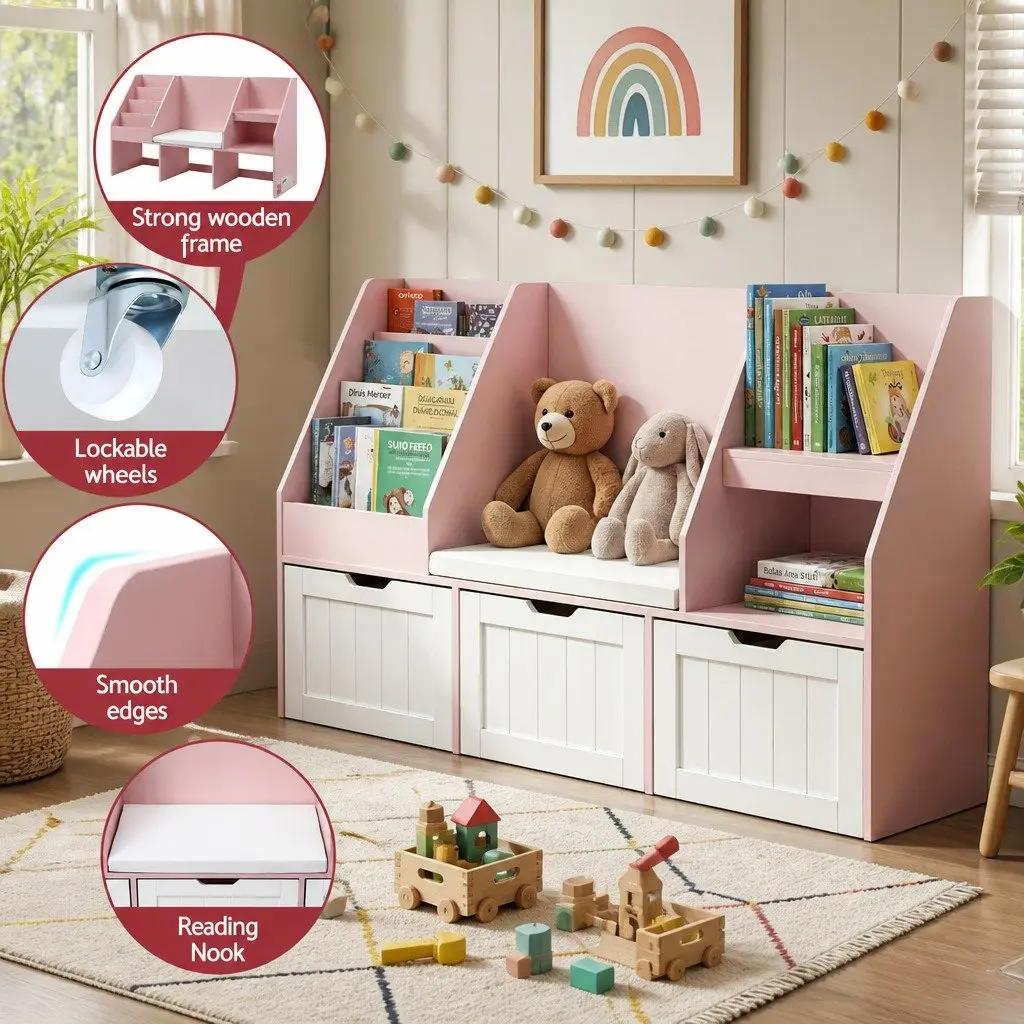 Kids Bookshelf Storage Organizer Bench Seat Toy Box Cabinet Drawer Pink 140cm