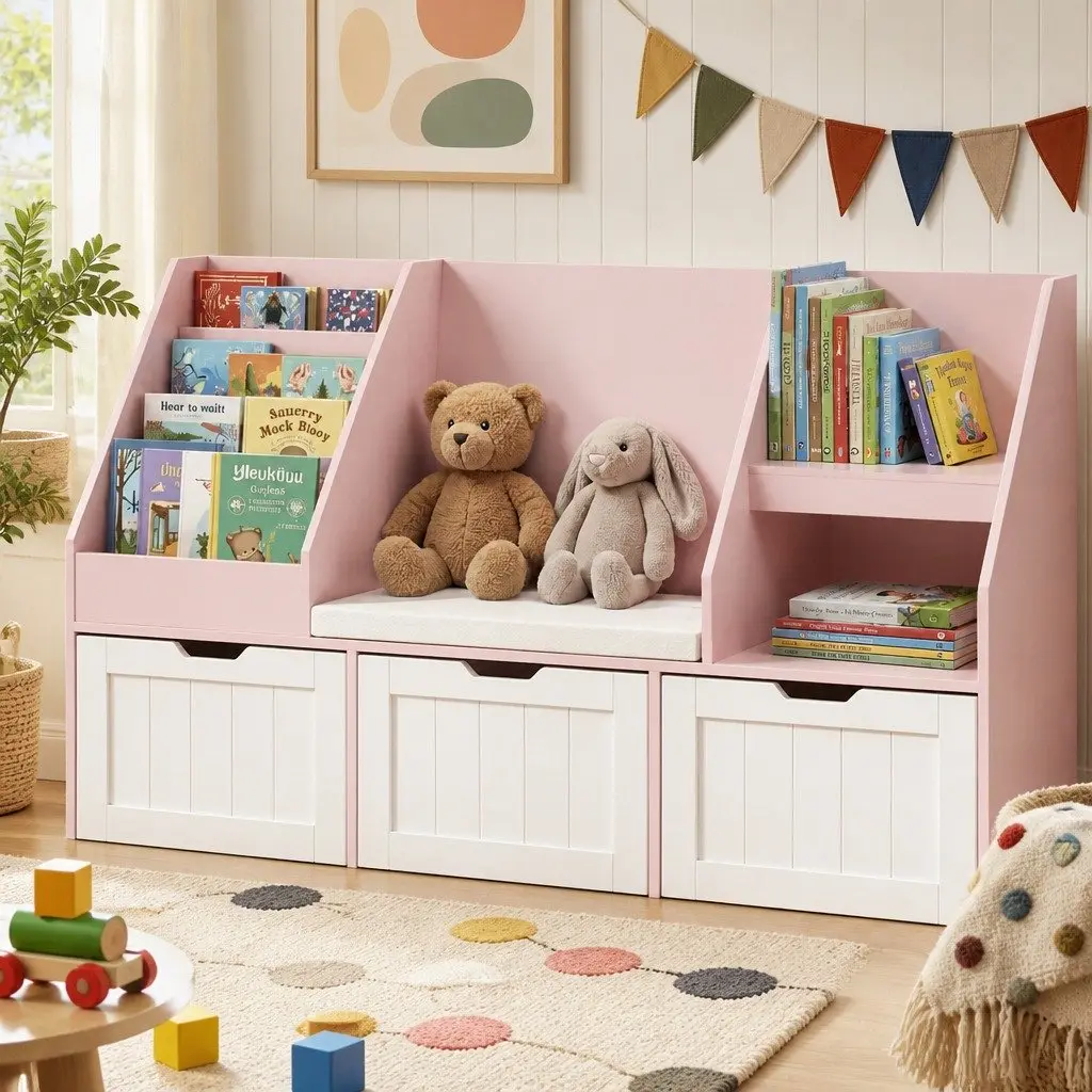 Kids Bookshelf Storage Organizer Bench Seat Toy Box Cabinet Drawer Pink 140cm