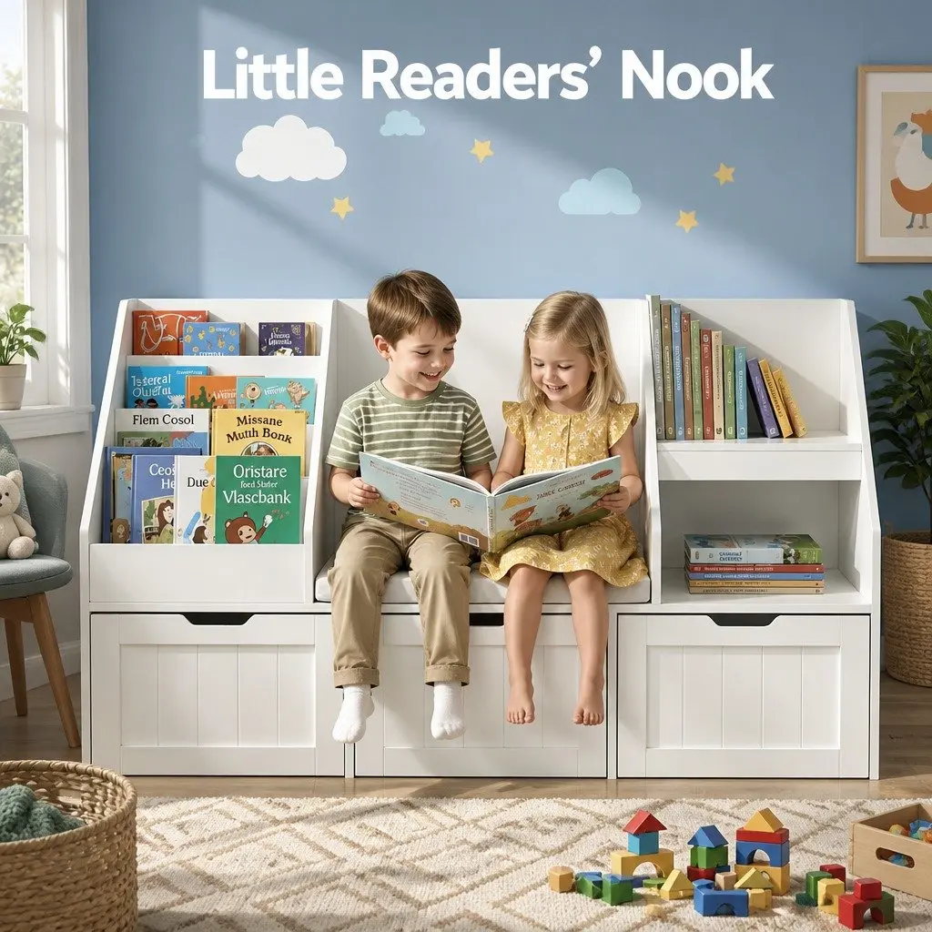 Kids Bookshelf Storage Organiser White with Drawer and Bench Seat