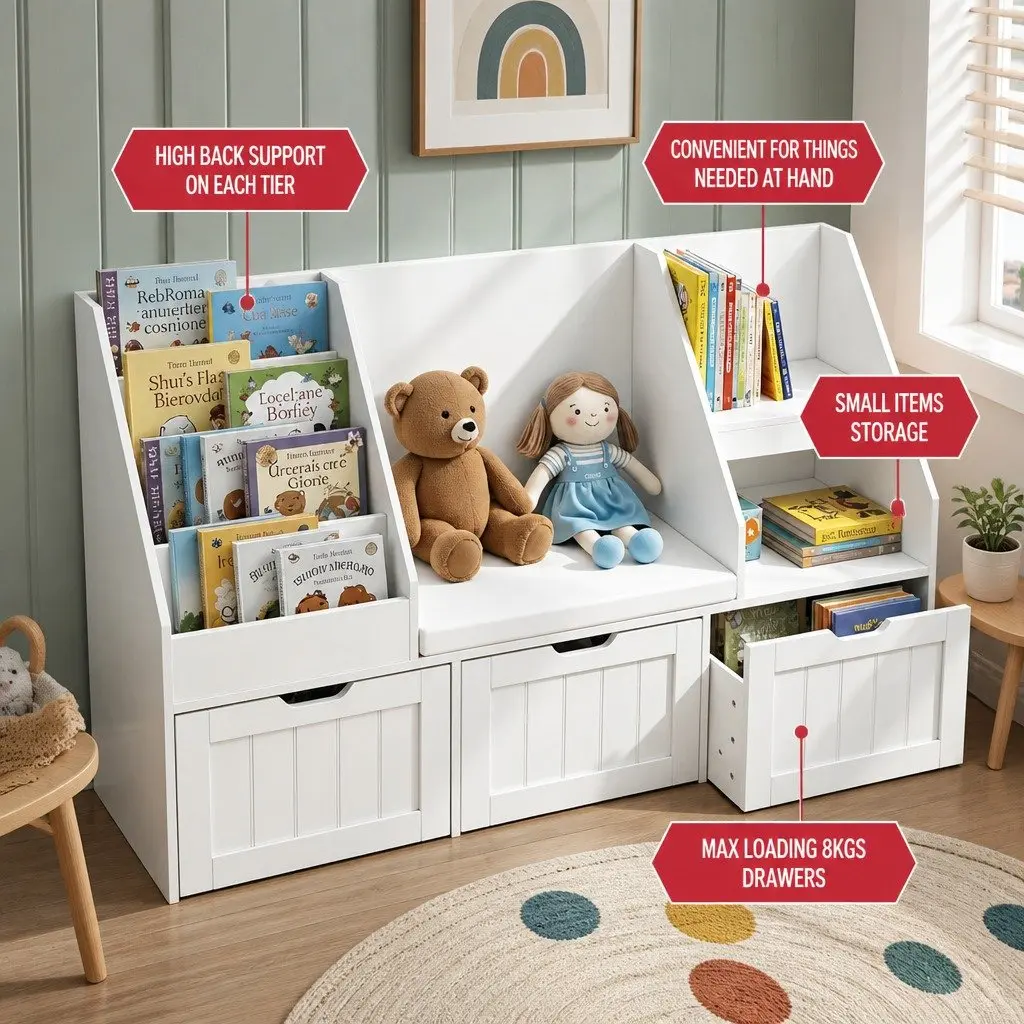 Kids Bookshelf Storage Organiser White with Drawer and Bench Seat