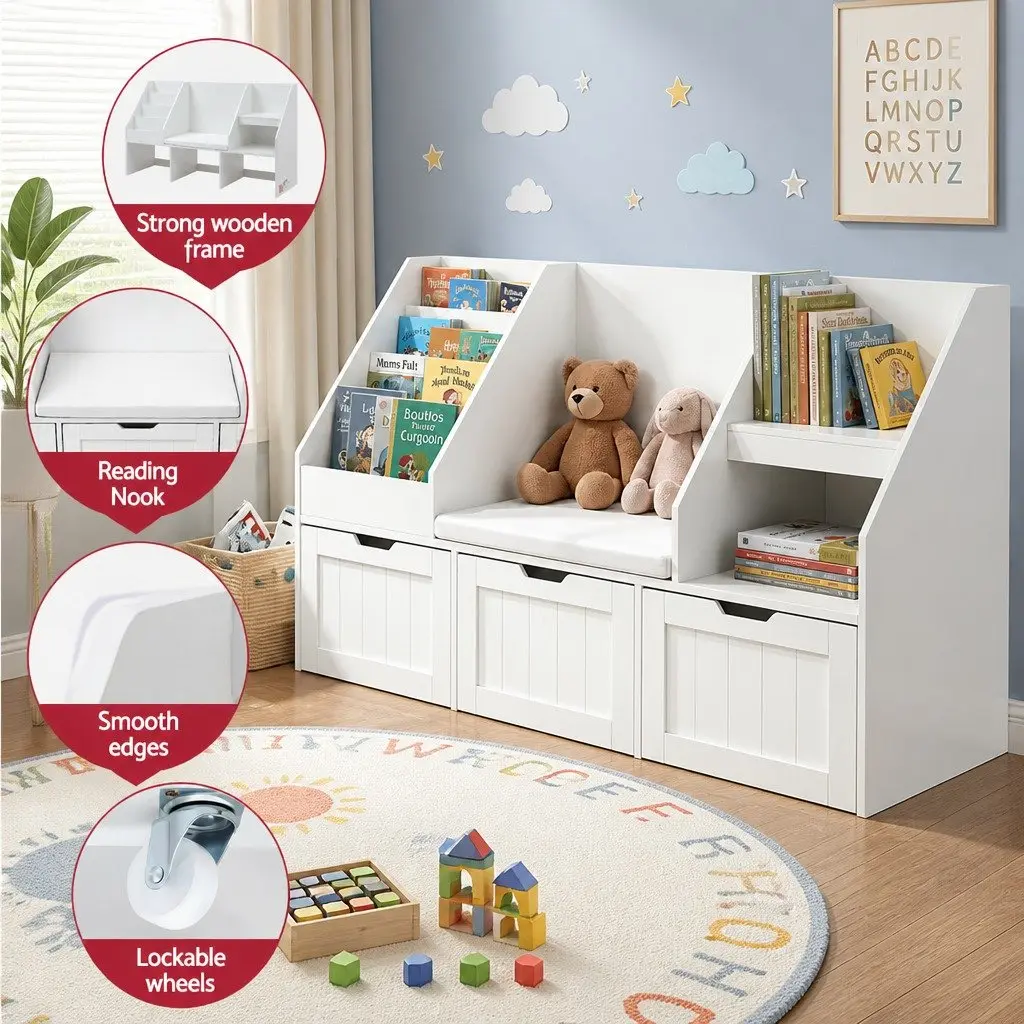 Kids Bookshelf Storage Organiser White with Drawer and Bench Seat