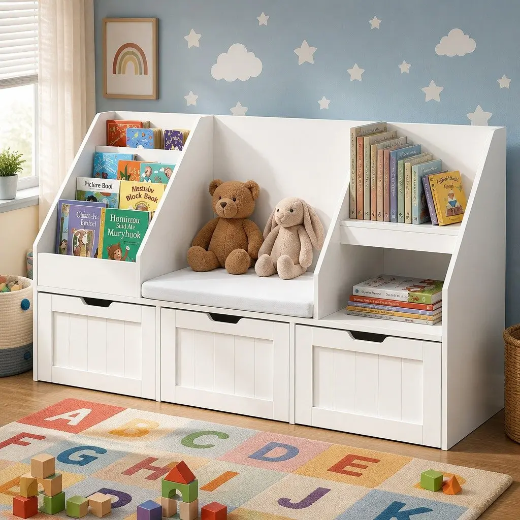 Kids Bookshelf Storage Organiser White with Drawer and Bench Seat