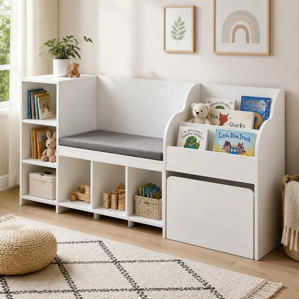 Kids Storage Unit White 170cm Bookshelf Toy Box Organiser Bench Seat Cabinet