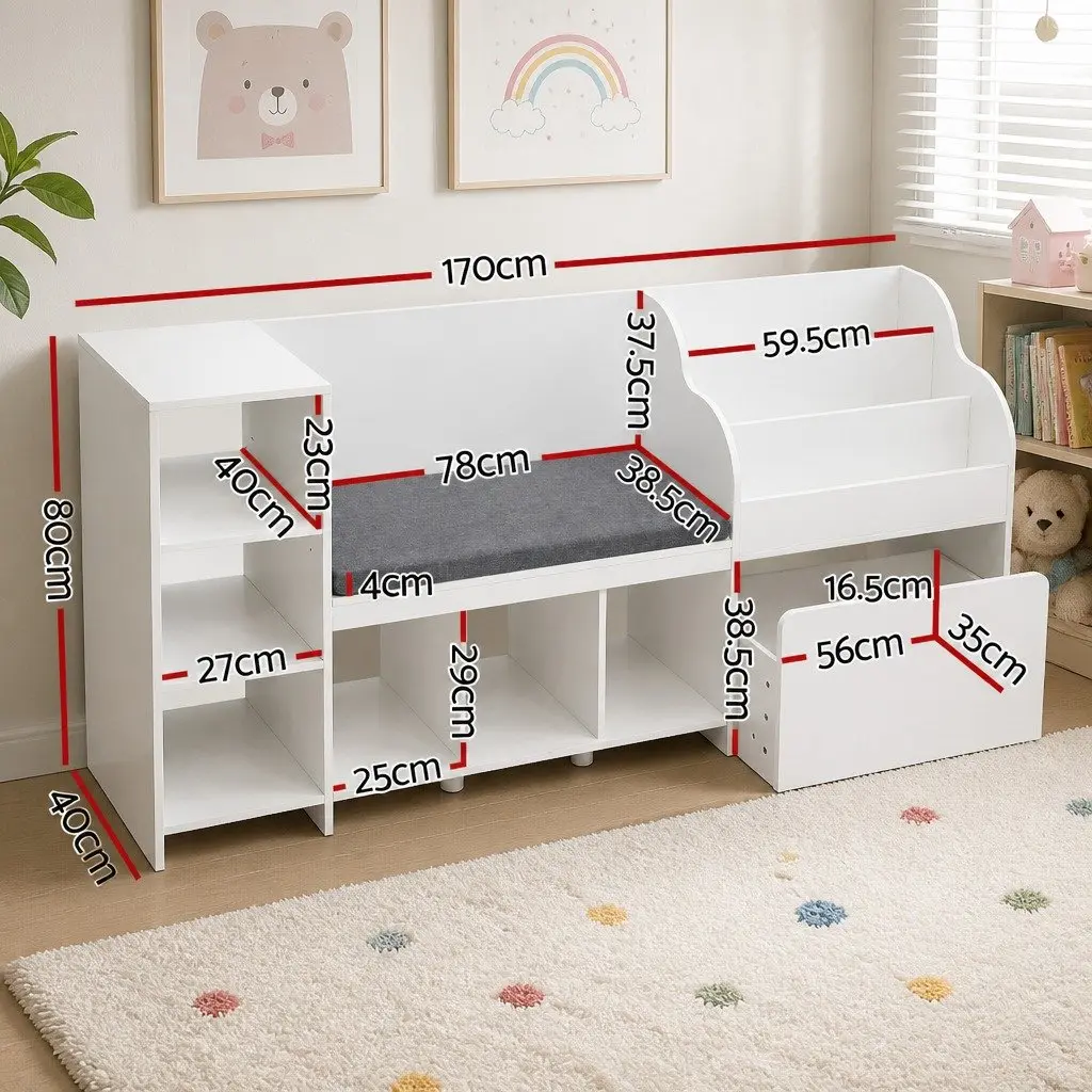 Kids Storage Unit White 170cm Bookshelf Toy Box Organiser Bench Seat Cabinet