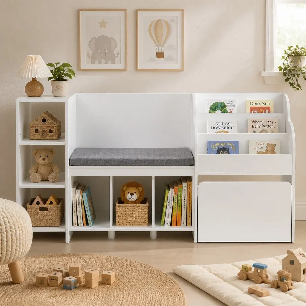 Kids Storage Unit White 170cm Bookshelf Toy Box Organiser Bench Seat Cabinet