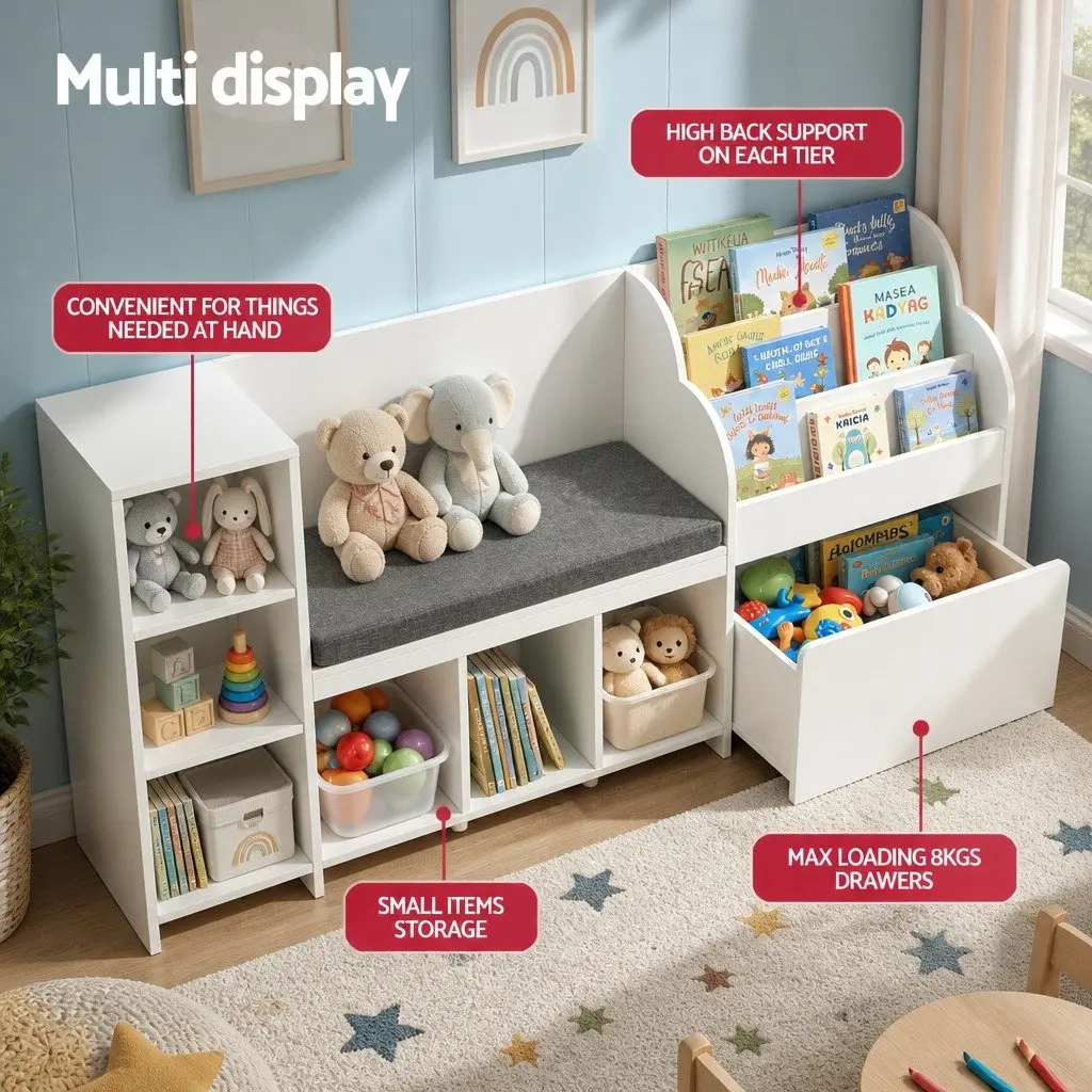 Kids Storage Unit White 170cm Bookshelf Toy Box Organiser Bench Seat Cabinet