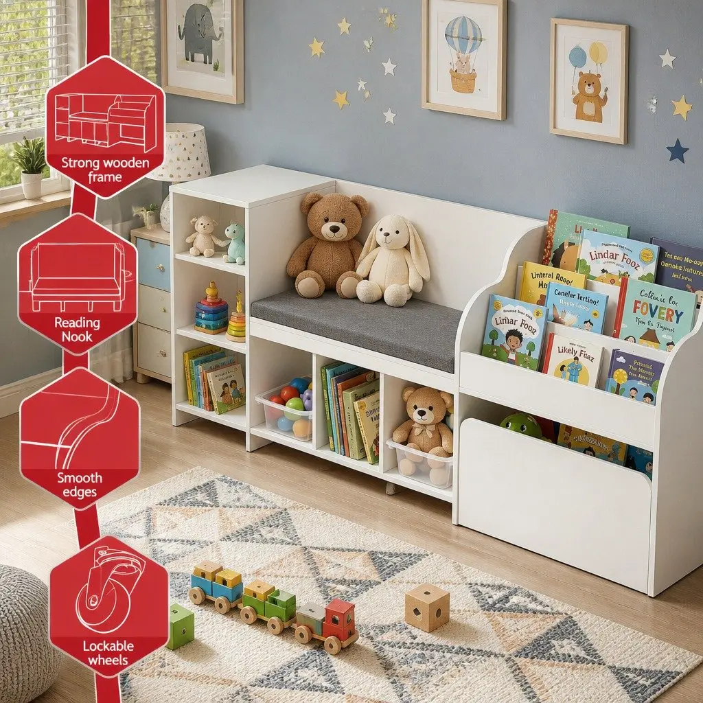 Kids Storage Unit White 170cm Bookshelf Toy Box Organiser Bench Seat Cabinet