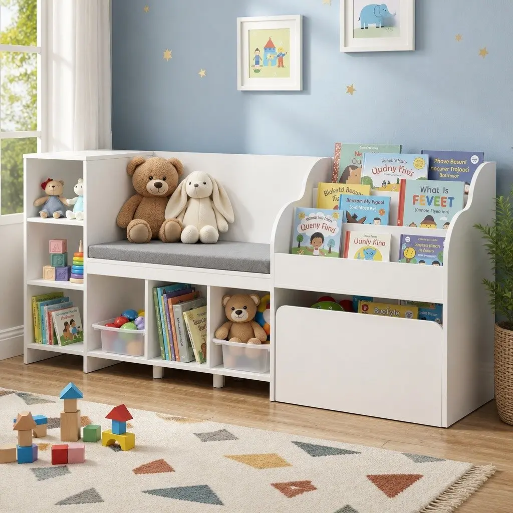 Kids Storage Unit White 170cm Bookshelf Toy Box Organiser Bench Seat Cabinet