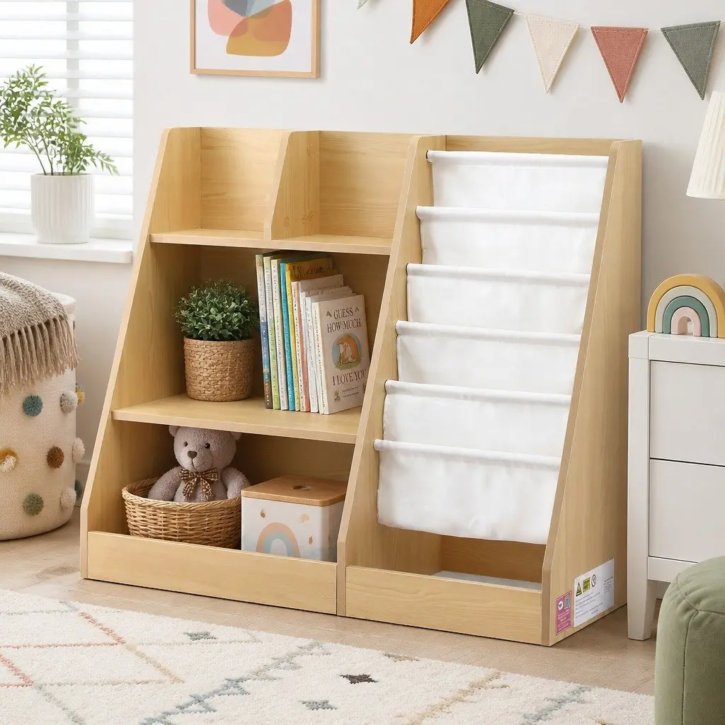 Kids Bookshelf with Sling Pouches