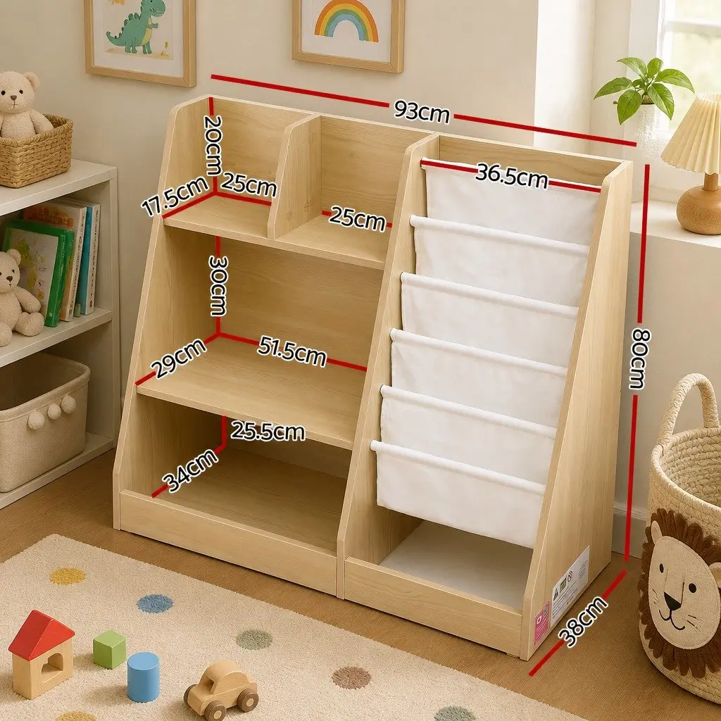 Kids Bookshelf Natural Wood 91cm 3-in-1 Storage Organizer with Sling Pouches Open Shelves Fabric Drawer