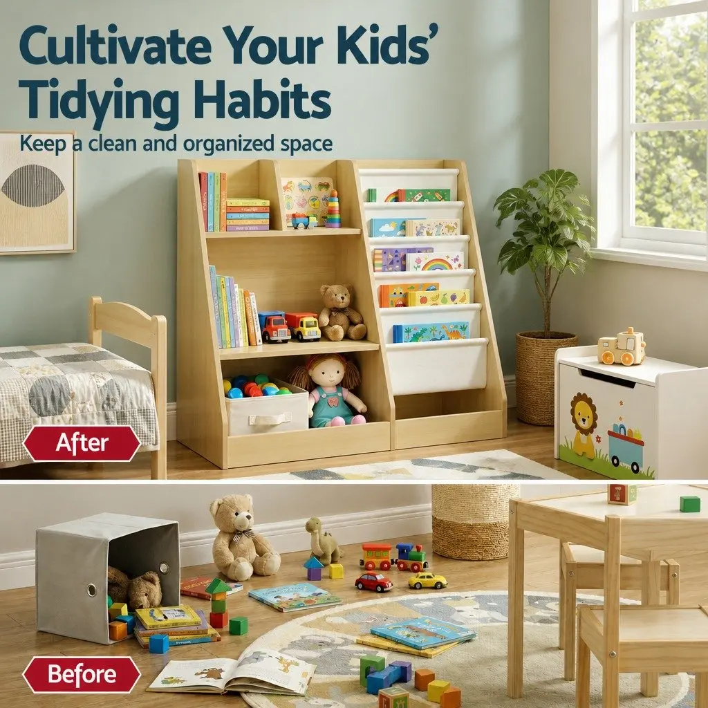 Kids Bookshelf Natural Wood 91cm 3-in-1 Storage Organizer with Sling Pouches Open Shelves Fabric Drawer