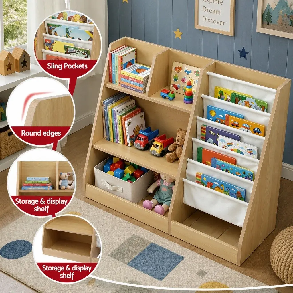Kids Bookshelf Natural Wood 91cm 3-in-1 Storage Organizer with Sling Pouches Open Shelves Fabric Drawer