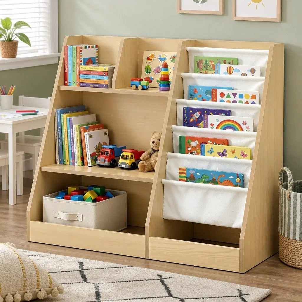 Kids Bookshelf Natural Wood 91cm 3-in-1 Storage Organizer with Sling Pouches Open Shelves Fabric Drawer