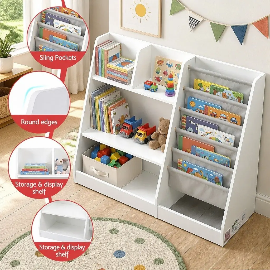Kids Bookshelf Storage Organizer Toddler Book Display Rack Toy Shelves White