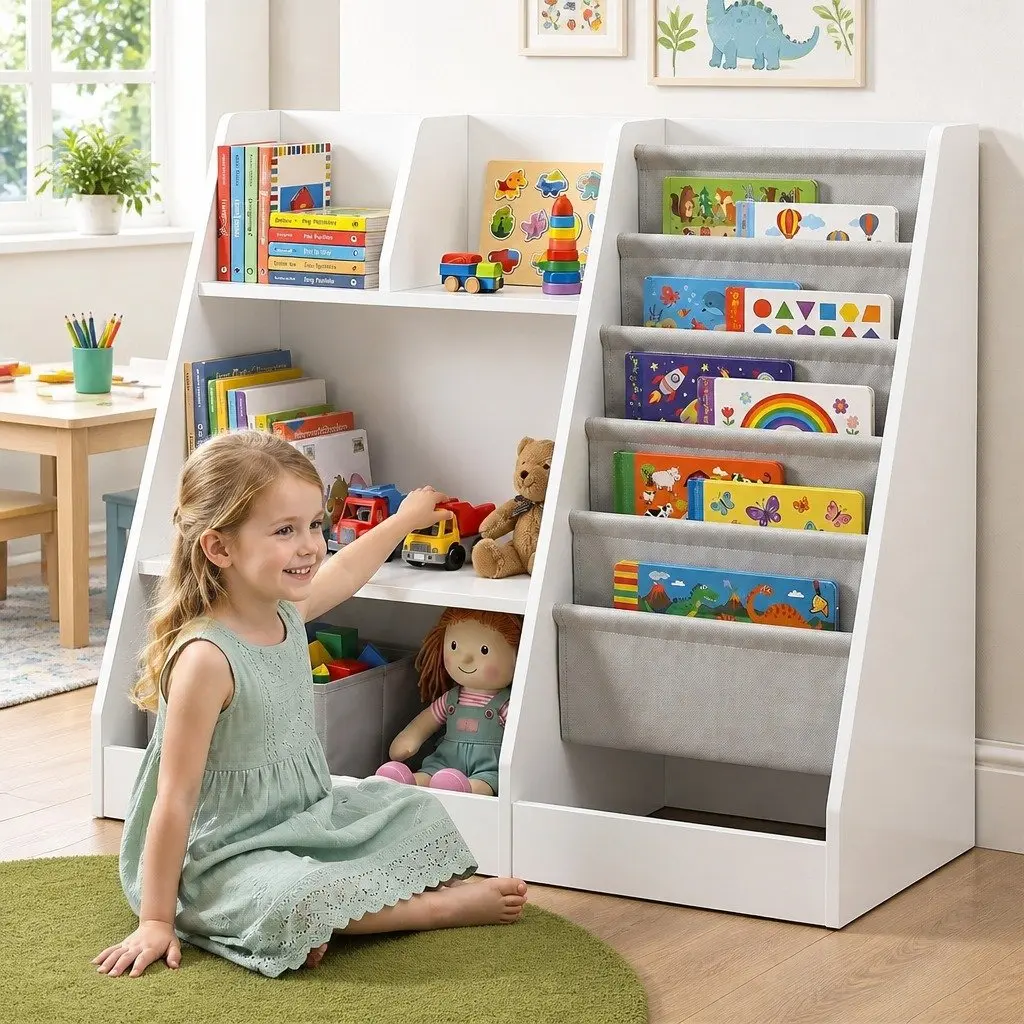 Kids Bookshelf Storage Organizer Toddler Book Display Rack Toy Shelves White