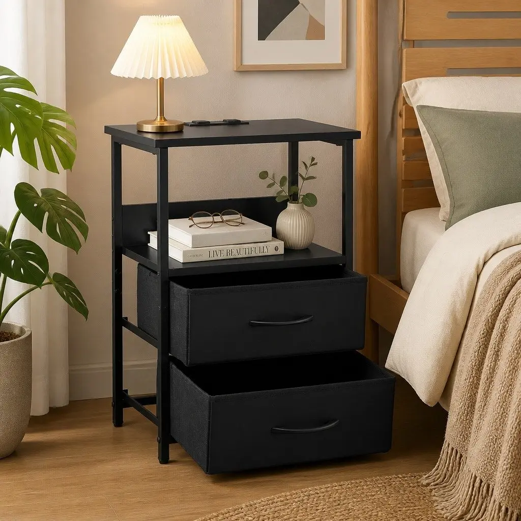 Bedside Table Black 40cm with LED Lighting and Charging Station 2 Foldable Drawers