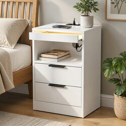 Compact LED Nightstand with Charging Station and Drawers