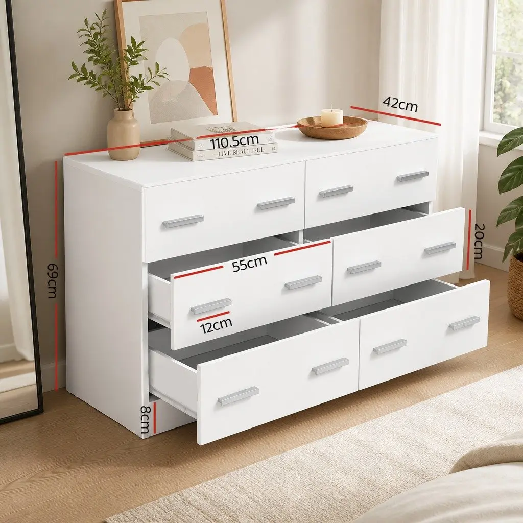 6 Drawer Chest White Lowboy Dresser Contemporary Style Melamine Storage Cabinet