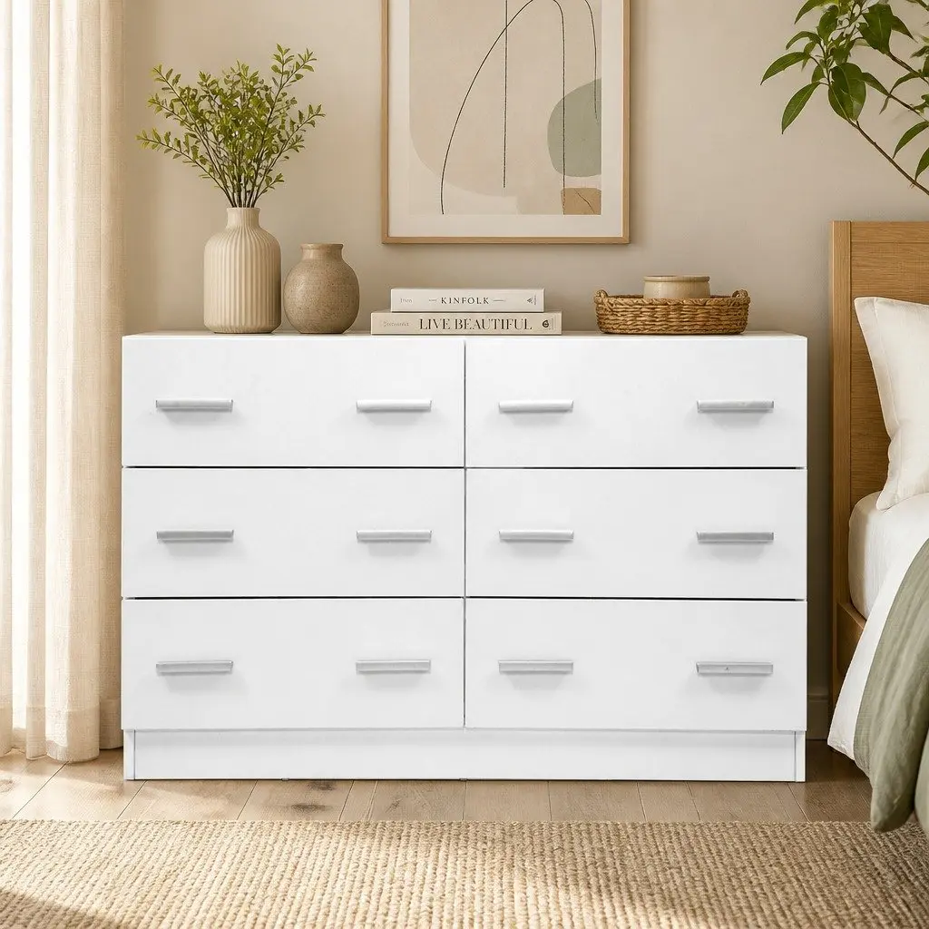 6 Drawer Chest White Lowboy Dresser Contemporary Style Melamine Storage Cabinet