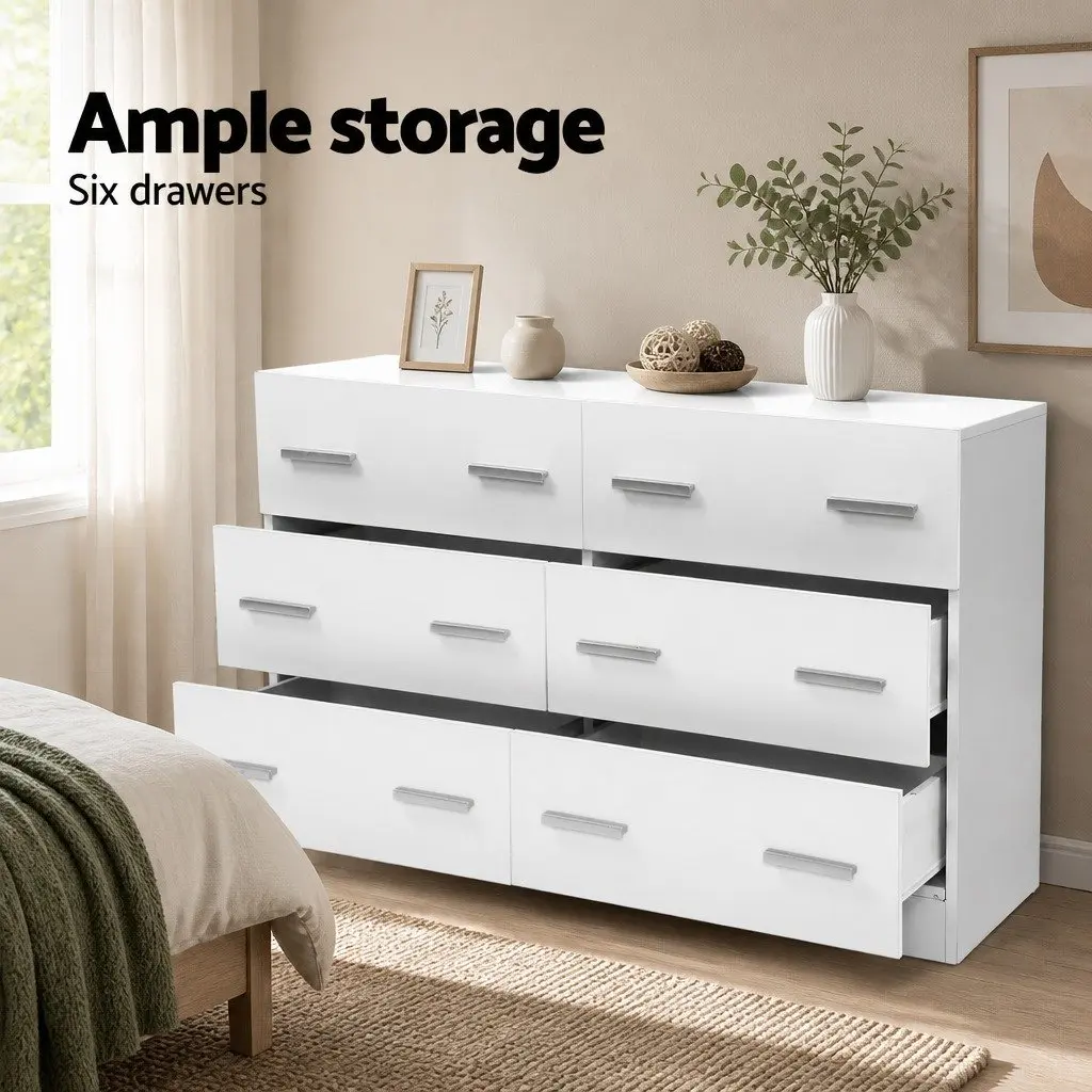 6 Drawer Chest White Lowboy Dresser Contemporary Style Melamine Storage Cabinet