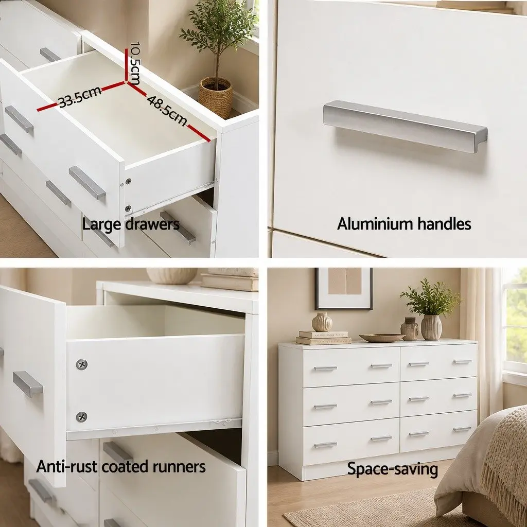 6 Drawer Chest White Lowboy Dresser Contemporary Style Melamine Storage Cabinet