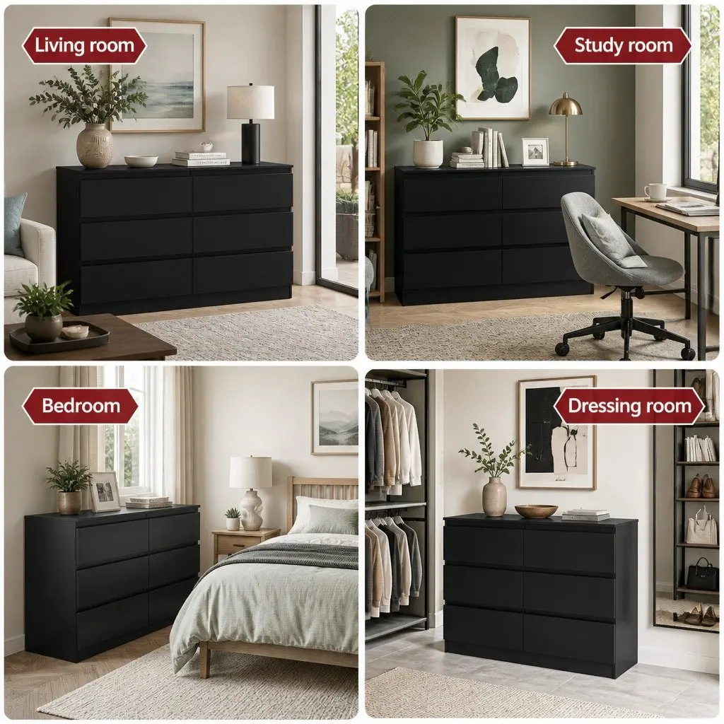 6 Drawer Chest of Drawers Black Bedroom Lowboy Storage Grooved Handle Design