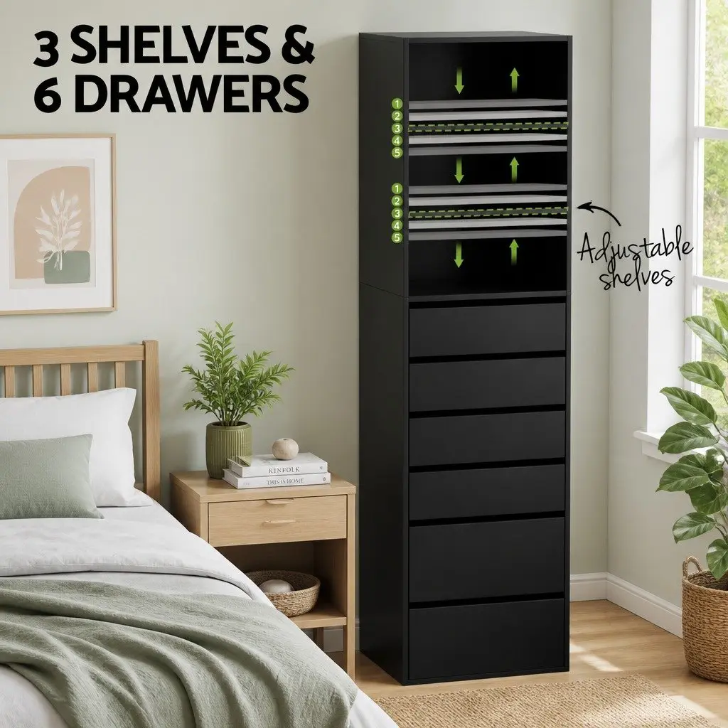 6 Drawer Chest Tallboy Cabinet Storage Bedroom Furniture Modern Handle-Free