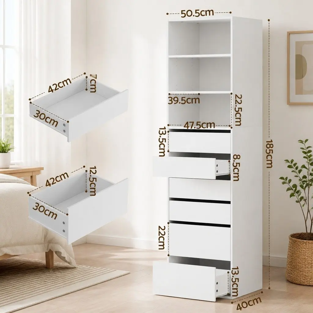 Chest of Drawers Tallboy Cabinet 6 Drawer Storage White Bedroom Furniture Set